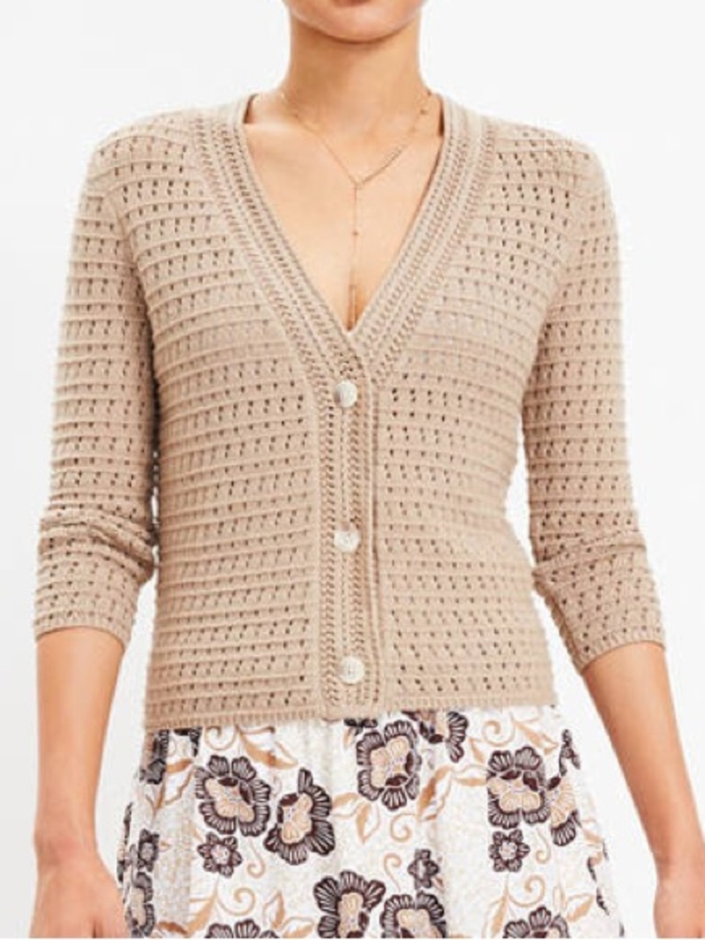 LOFT Taupe Crochet V-neck Cardigan XS